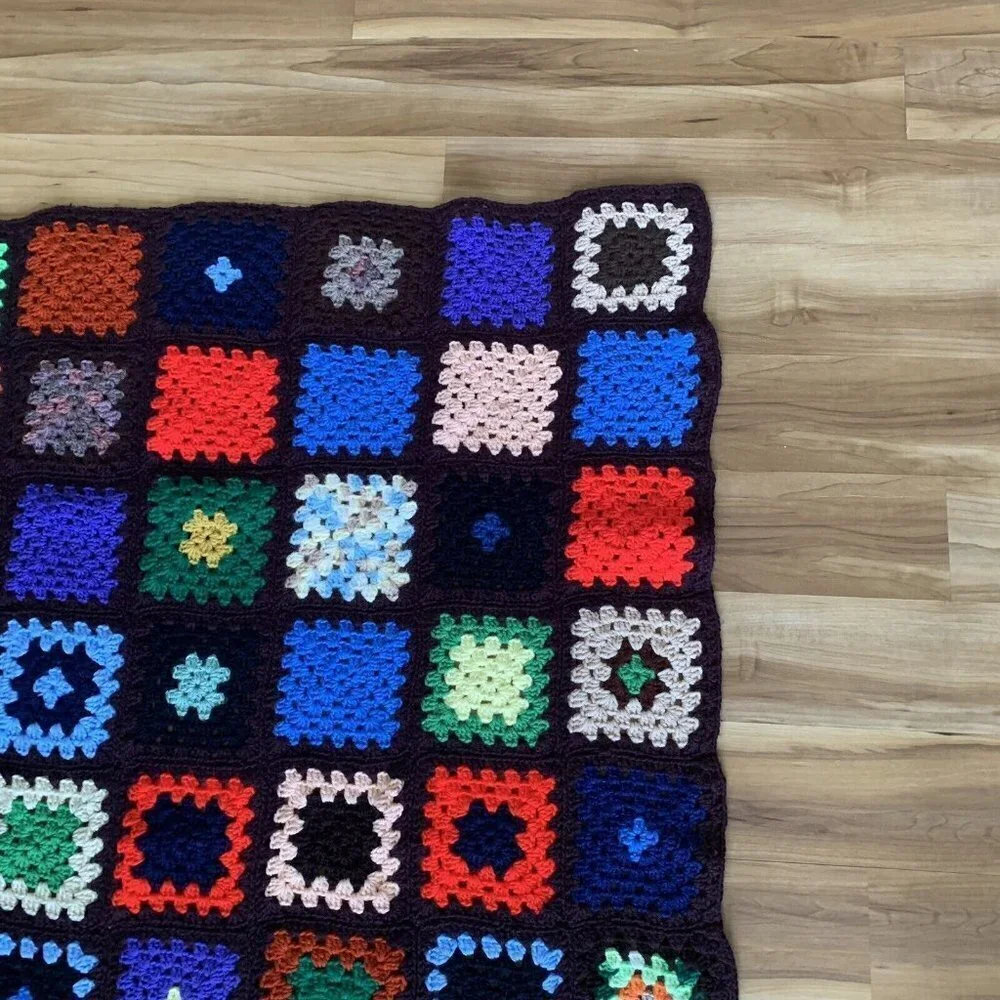 Granny Square Dark Brown Afghan Crochet Throw Blanket 45” x 58” Vintage